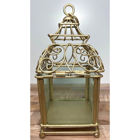 Decorative Gold Metal & Glass Lantern With Ornate Design And Removable Top For C - Picture 1 of 4